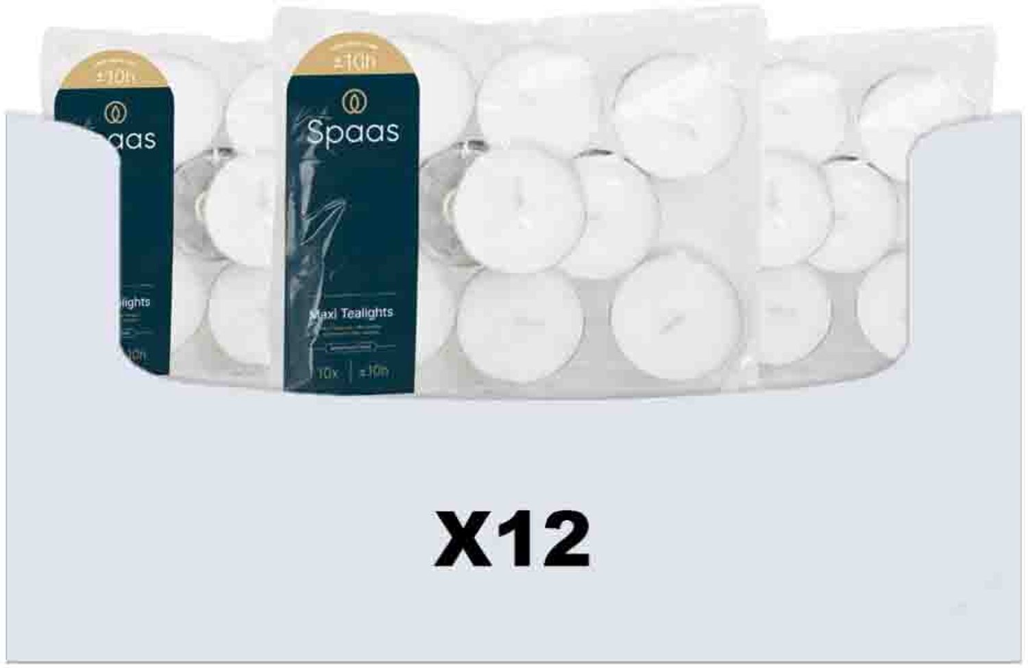 SPAAS Maxi theelichten zak ± 10 branduren - 12 x 10 stuks - Voordeelverpakking Wit