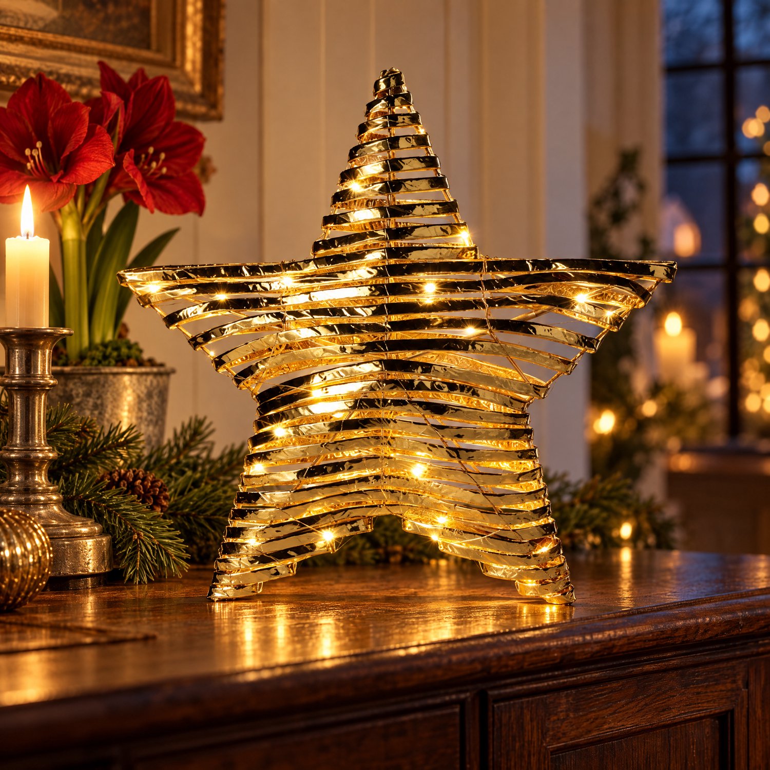 Cheqo® Verlichte Kerstster Goud - LED Kerstlampjes op Batterijen met Timer - Warm Wit Licht - Decoratieve 3D Ster - Kerstdecoratie voor Binnen - Kerstverlichting - Kerstversiering - Sfeerverlichting - Raamdecoratie Kerst - Kerstfiguur