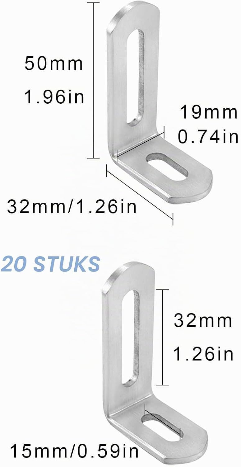 20 Stuks Hoekbeugels van RVS, Verstelbare Hoekverbindingen, 90 Graden L-Vormige Metaalsteunen, Ideaal voor Meubelconstructie en Klussen — afbeelding 5