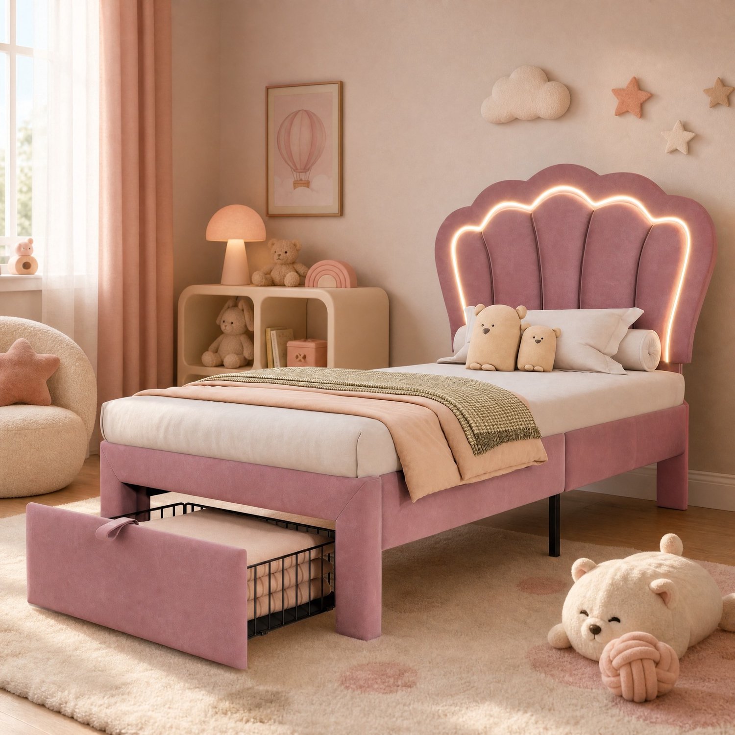 Kinderbed 90 x 190 cm - LED-verlichting - bedlade - roze
