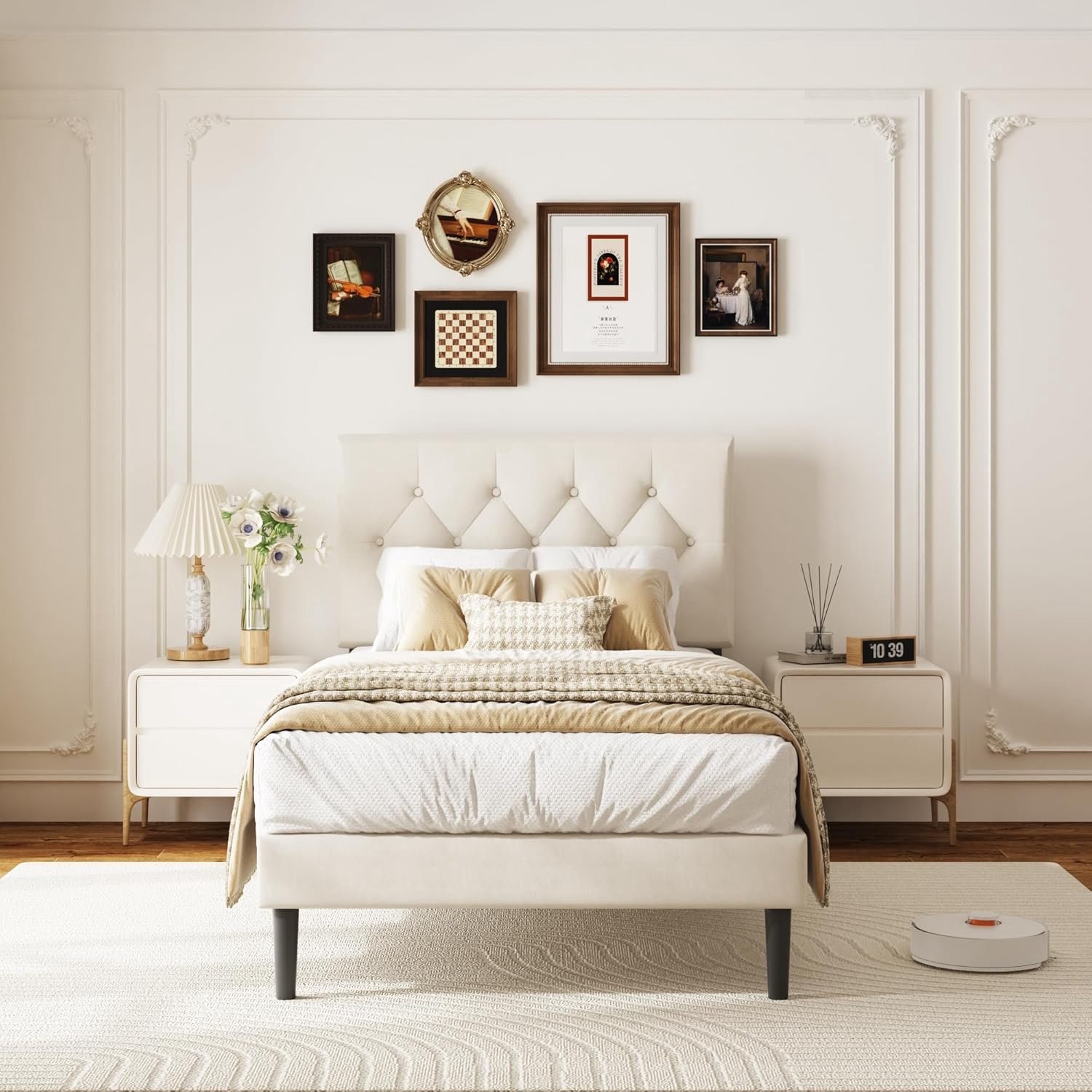 90 x 200 cm eenpersoonsbed, gestoffeerd bed 90 x 200 met lattenbodem, met hoofdeinde bedframe, eenvoudige montage, modern, beige