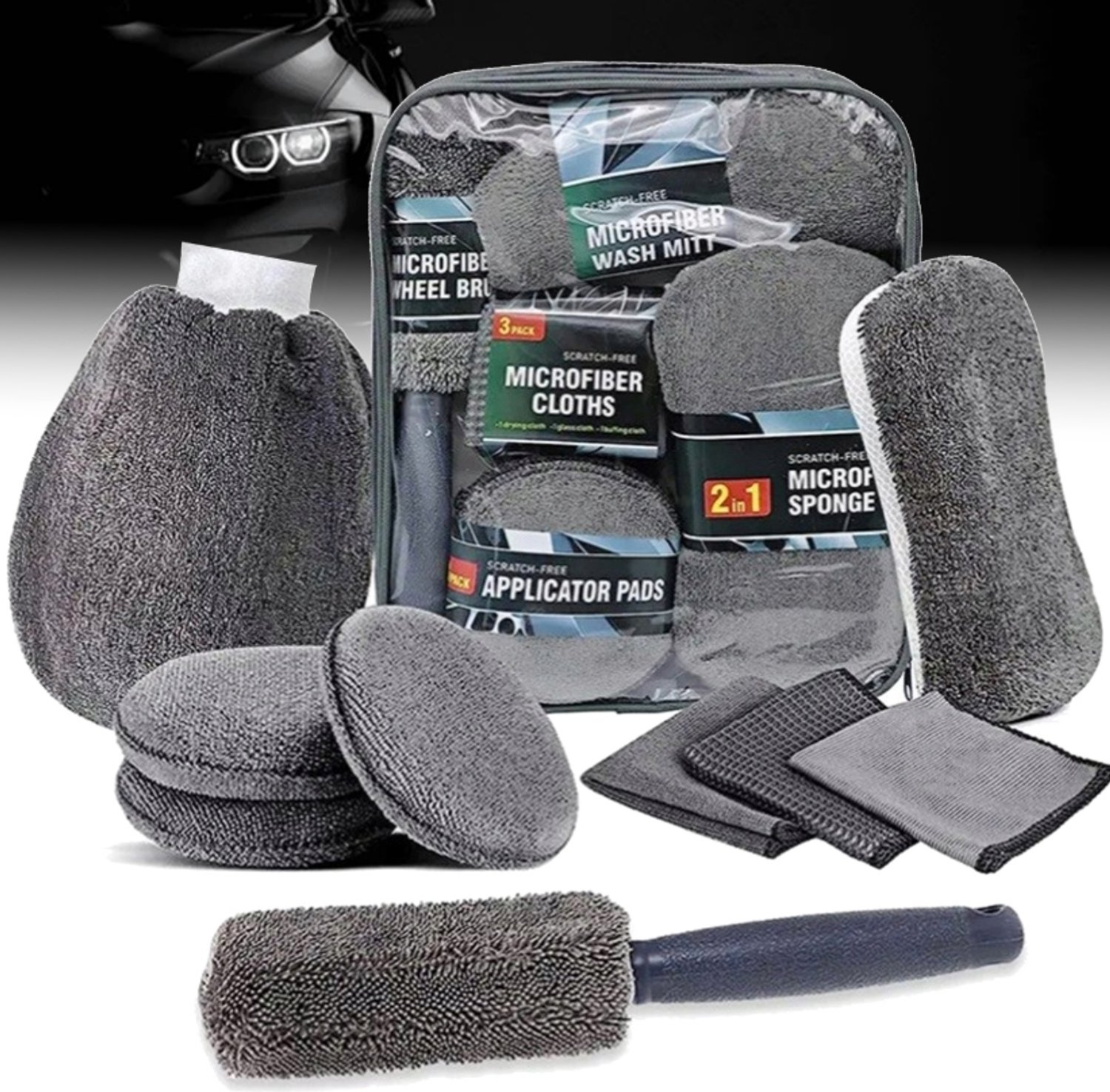 9-delige Autowas & Detailset: Microfiber, spons, borstel
