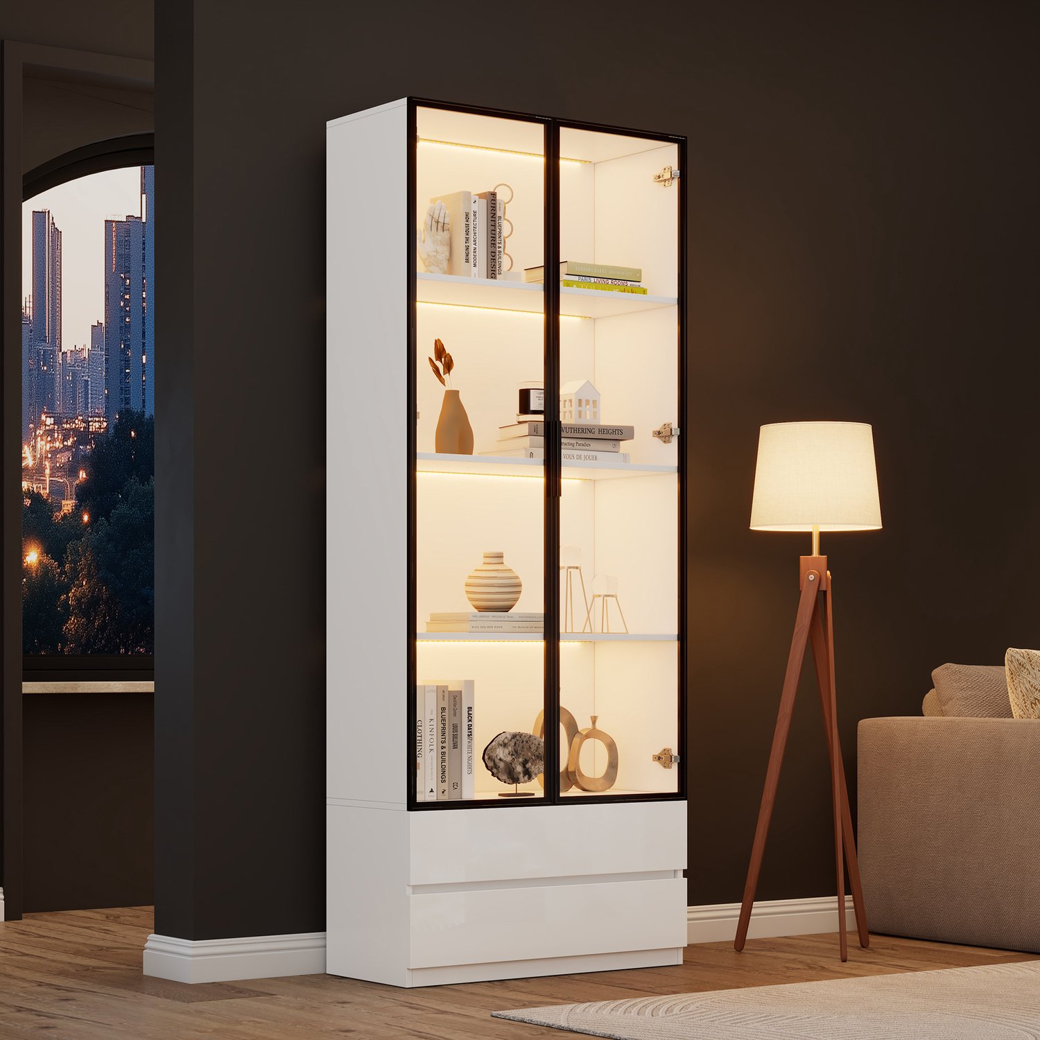 MODENUIT Vitrinekast - LED-Verlichting Met Appbediening - Woonkamer En Werkkamer - Wit MDF - 80x34x200 Cm