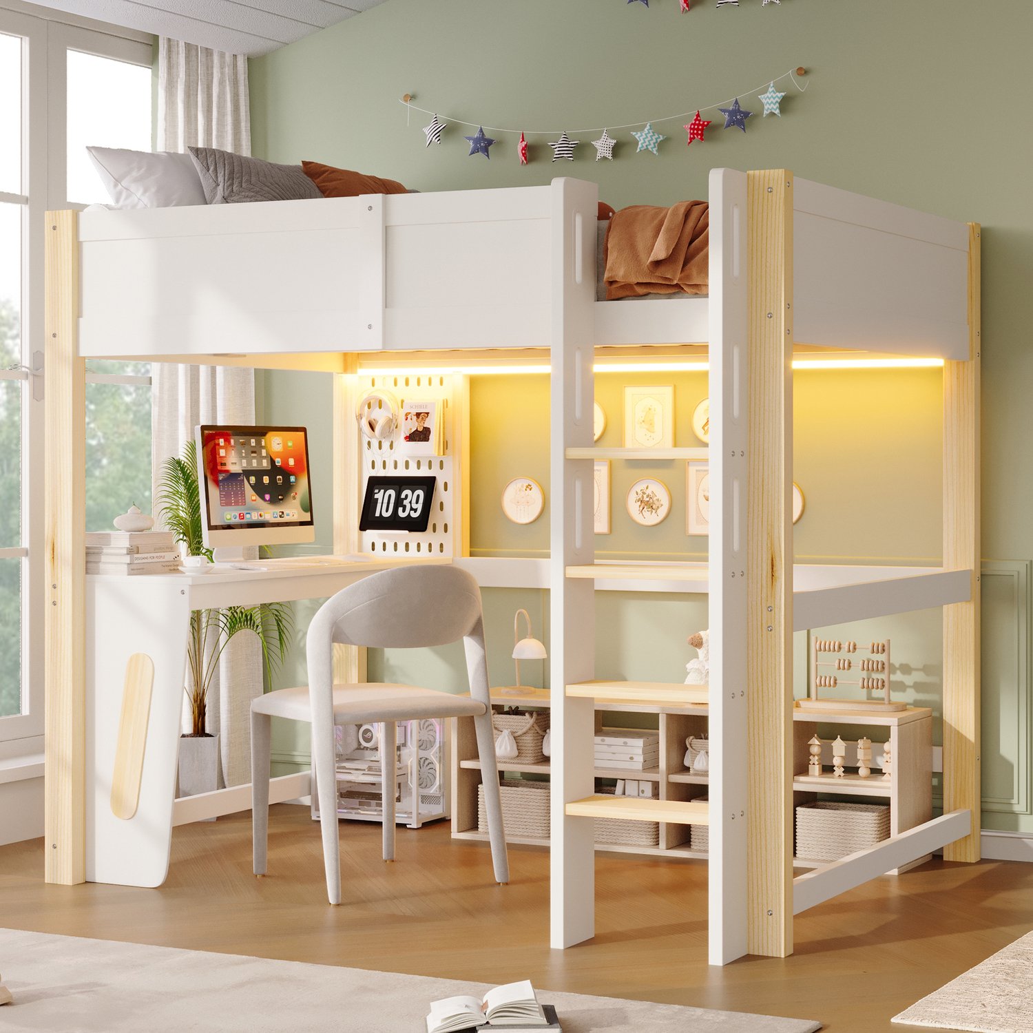 STILVORA Hoogslaper 140x200 cm – Met Bureau en Lichtstrook – Met Valbeveiliging – Kinderkamer – Hout en MDF – Zonder Matras – Naturel en Wit