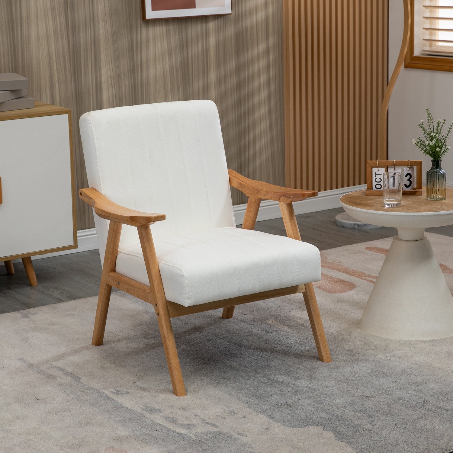 MIVRAY Fauteuil 68 x 74 x 82 cm - Met Armleuningen en Zachte Bekleding - Voor Woonkamer en Slaapkamer - Hout - Crèmewit