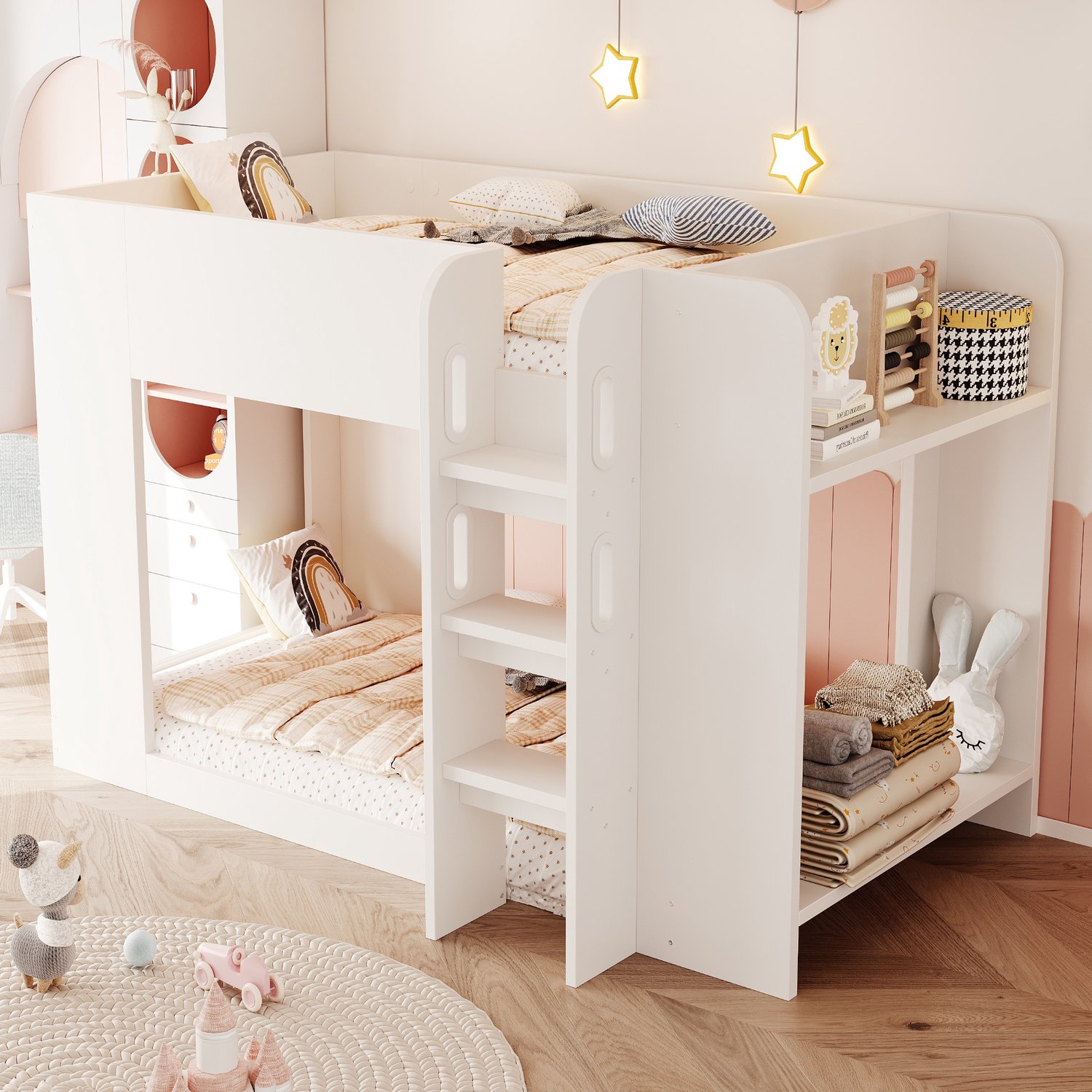 Wishdor Stapelbed 90x200 cm - Met veiligheidshek en brede ladder - Open onderruimte en opbergruimte aan beide zijden - Kinderkamer en tienerkamer - MDF en multiplex - Wit