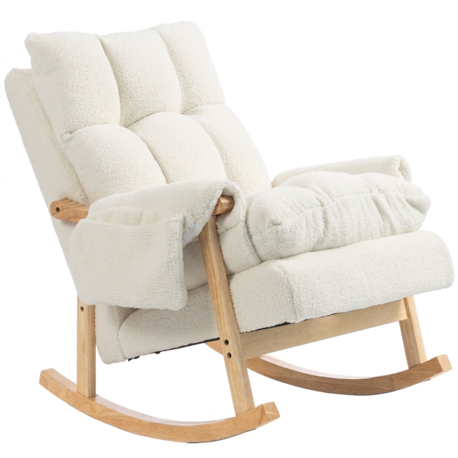 MIVRAY Schommelstoel 77 x 104 x 93 cm - Zacht Schommelen met Zijvakken - Voor Woonkamer en Slaapkamer - Sneeuwflanel en Hout - Crèmewit