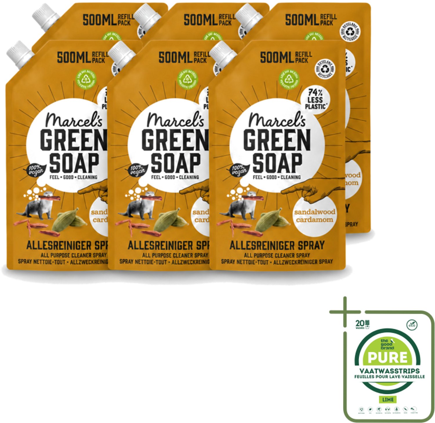 6 x Marcel's Green Soap - Allesreiniger Spray - Navulling - Sandelhout & Kardemon - Frisse reiniging - 500 ml - Grootverpakking - Vaatwasstrips - Allesreiniger Spray - Natuurlijke Reiniger - Sandelhout Geur - Kardemom Geur - Biologisch Afbreekbaar