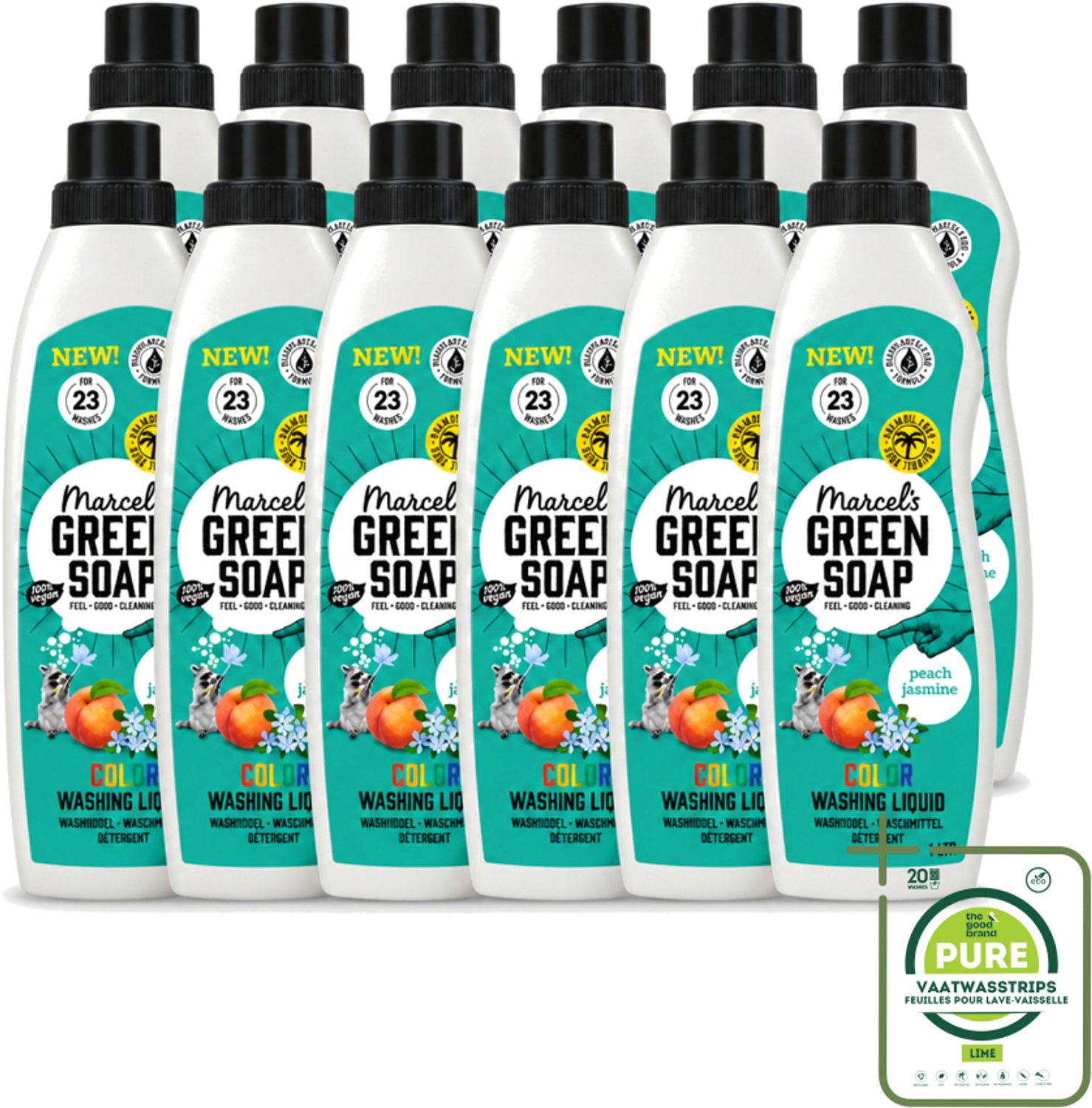 12 x Marcel's Green Soap - Vloeibaar Wasmiddel - Kleur - Perzik & Jasmijn - Effectief & natuurlijk - 23 Wasbeurten - 1 liter - Grootverpakking - Vaatwasstrips - Wasmiddel - Natuurlijk Wasmiddel - Kleur Behoud - Duurzaam Wasmiddel - Palmolie Vrij
