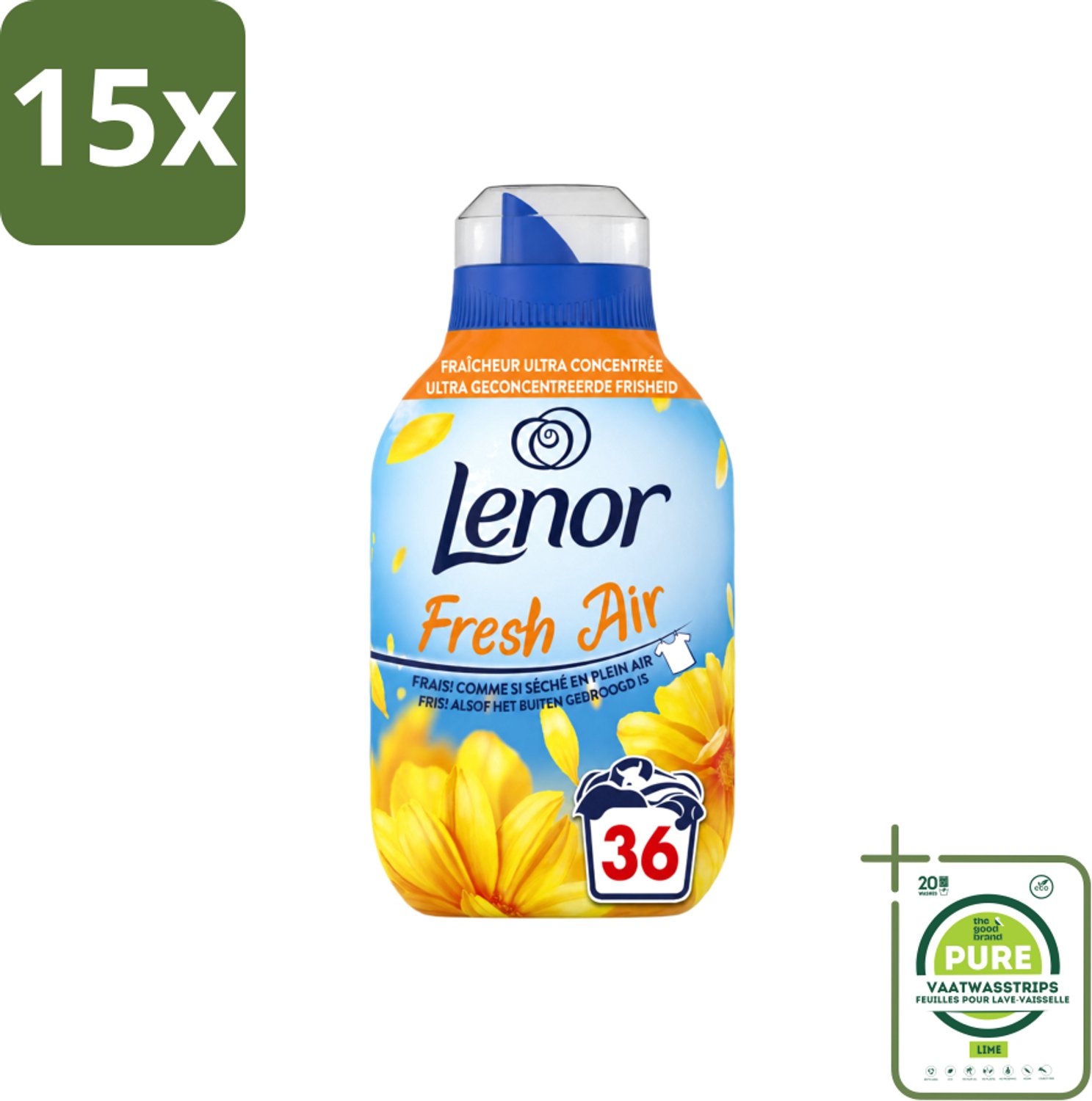 15 x Lenor - Wasverzachter - Fresh Air Zonnestralen - 36 Wasbeurten - 504 ml - Grootverpakking - Vaatwasstrips - Koffiezetapparaat - Koffiezetapparaat - Koffiezetapparaat