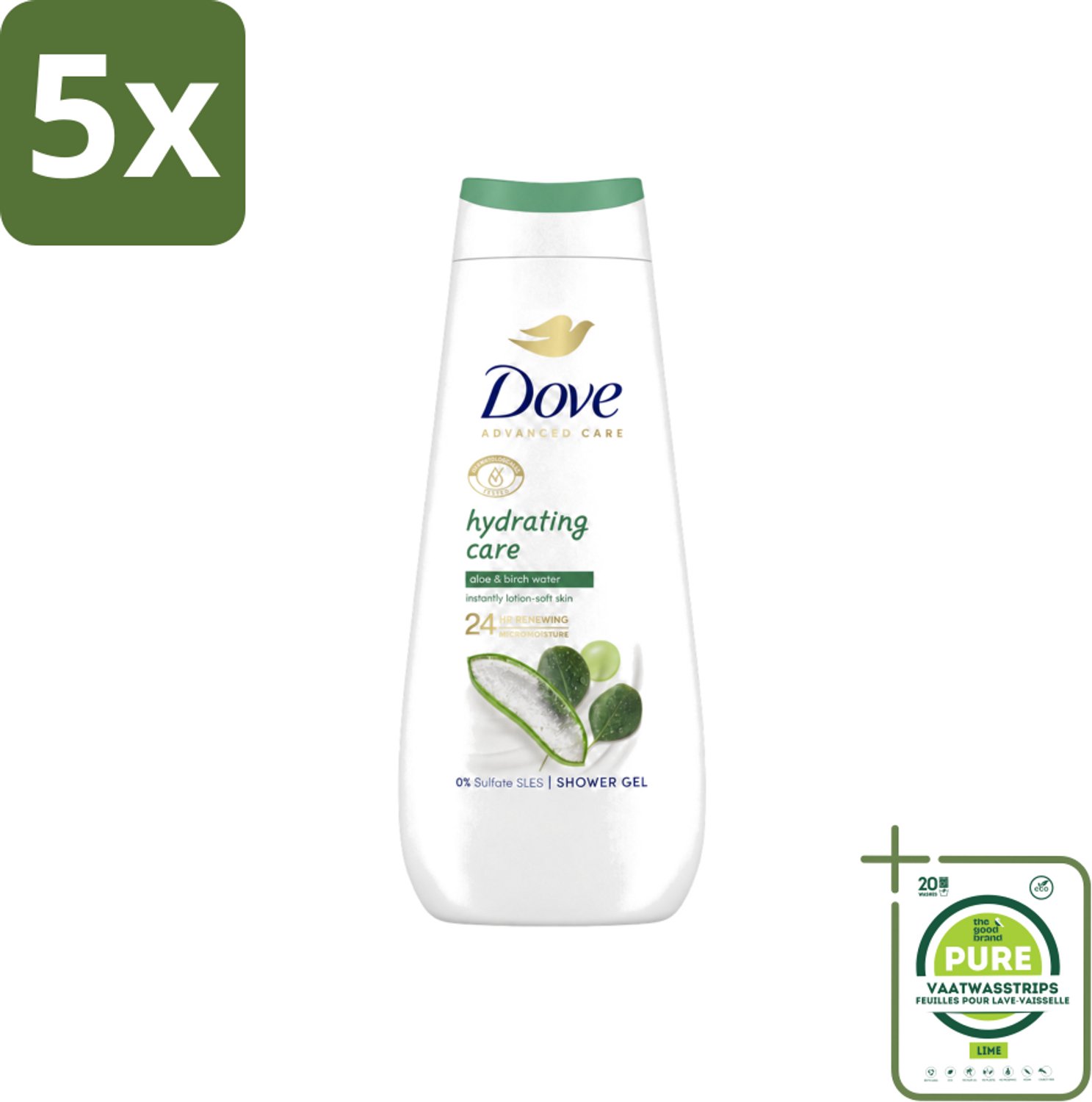 5 x Dove Douchecrème - Hydrating Care - Aloe Vera - 400 ml - Grootverpakking - Vaatwasstrips - Douchecrème - Hydraterende Douchegel - Droge Huid - Aloë Vera - Berkenwater