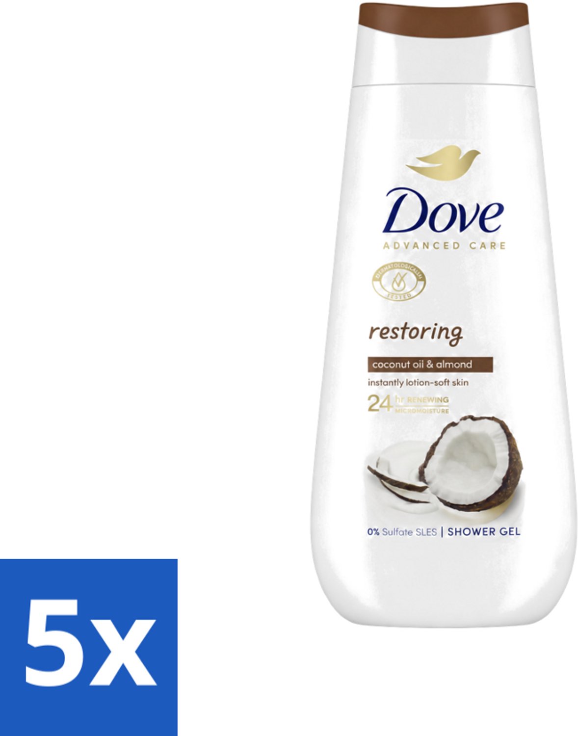 5 x Dove Douchecrème - Restoring - Kokos & Amandel - 225 ml - Voordeelverpakking - 5 stuks