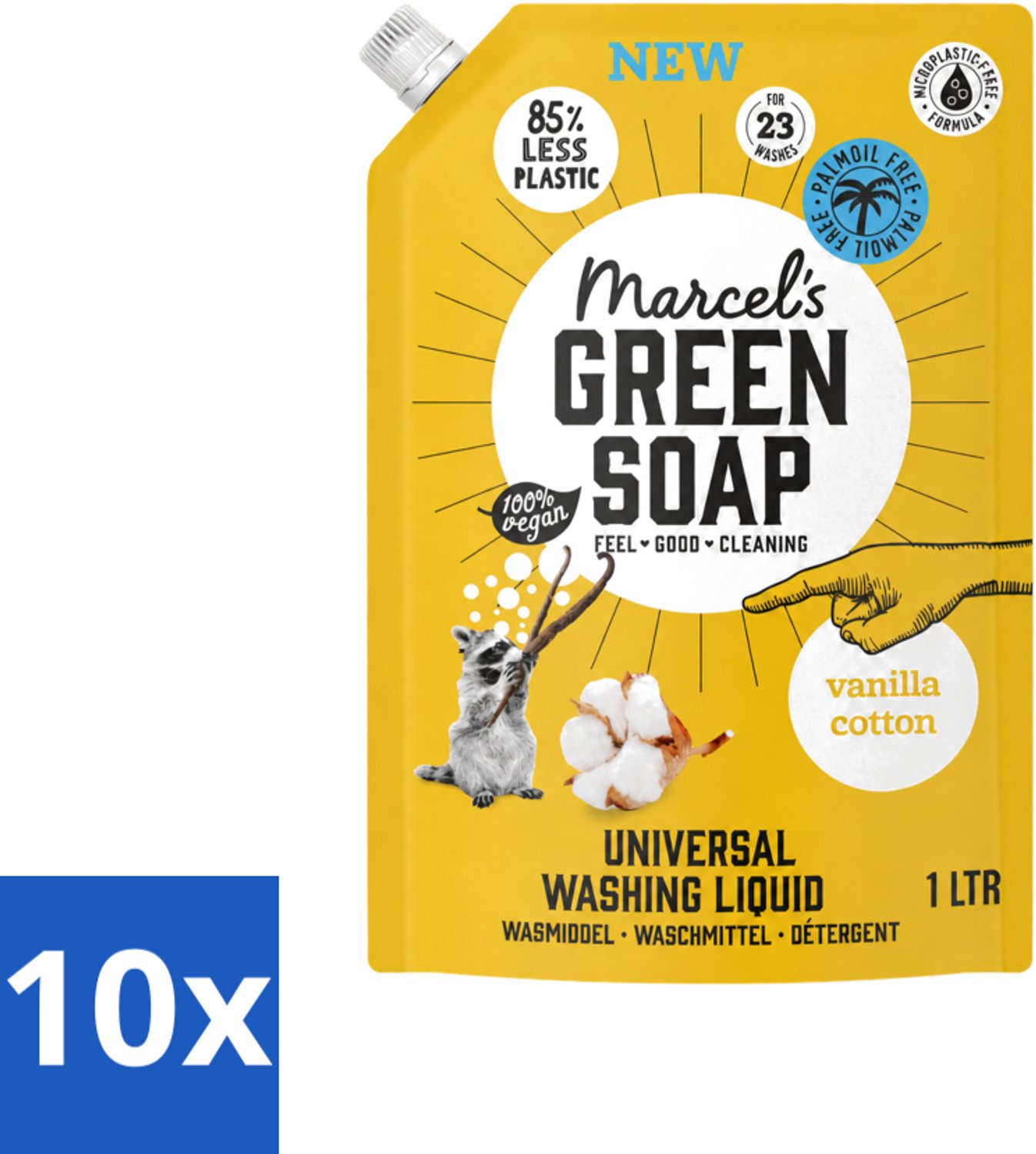 10 x Marcel's Green Soap - Vloeibaar Wasmiddel - Navulling - Vanille & Katoen - Effectief & natuurlijk - 23 Wasbeurten - 1 liter - Voordeelverpakking - 10 stuks