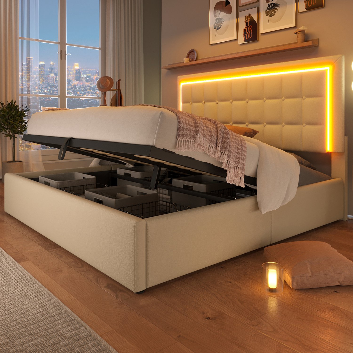 WUVRIE Gestoffeerd bed 180x200 cm - Met lattenbodem, hydraulische opbergruimte en LED-verlichting - Wit