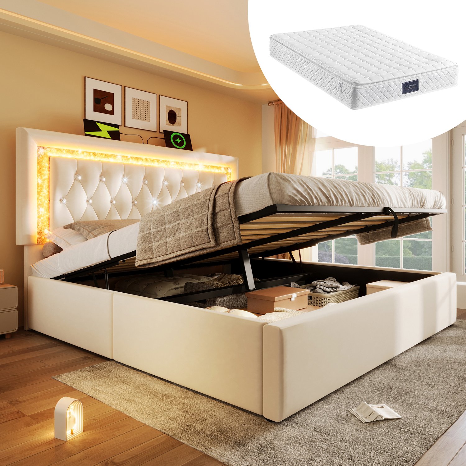 WUVRIE Gestoffeerd bed 160x200 cm - Met matras en hydraulische opbergruimte - LED en USB - Beige