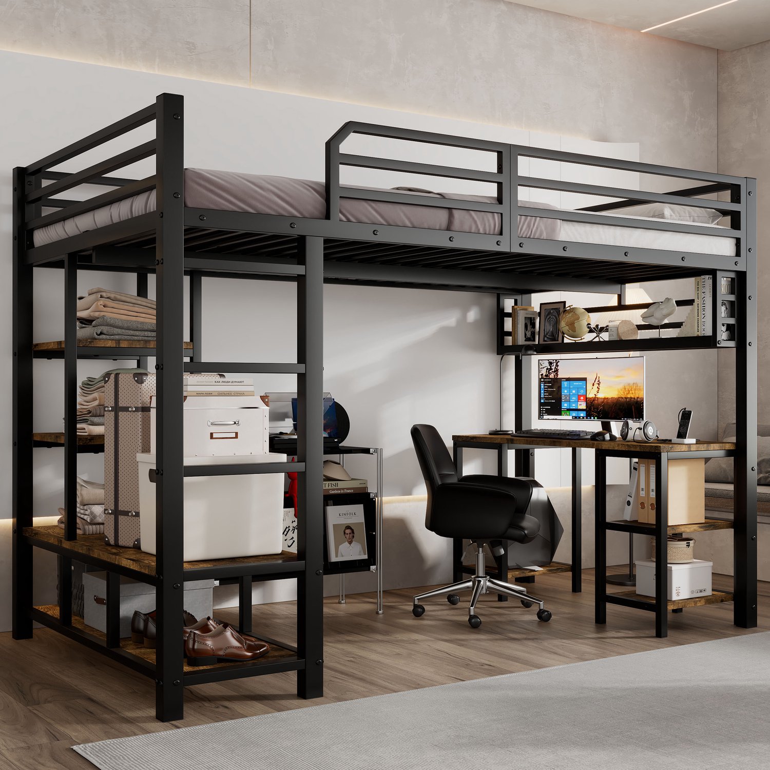 WUVRIE Hoogslaper 120x200 cm - Met bureau, opbergruimte en 4-treeds ladder - Zwart/donker walnoot Zwart en donker walnoot