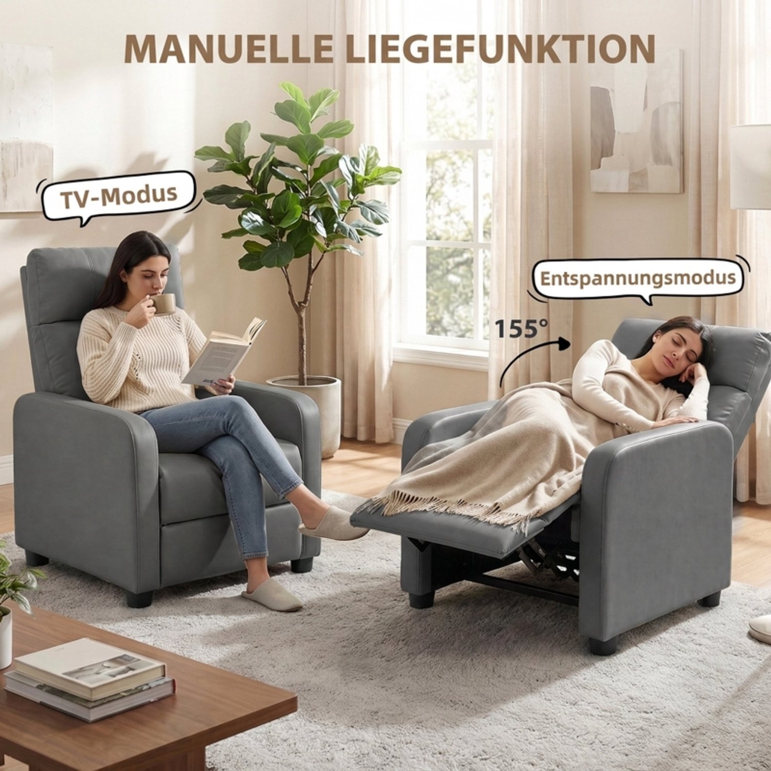 Wishdor Relaxfauteuil - Handmatig verstelbaar tot 155° - Rugleuning en voetensteun - TV-fauteuil voor woonkamer werkkamer slaapkamer - Kunstleer en stalen frame - Grijs - 91 x 67 x 100 cm