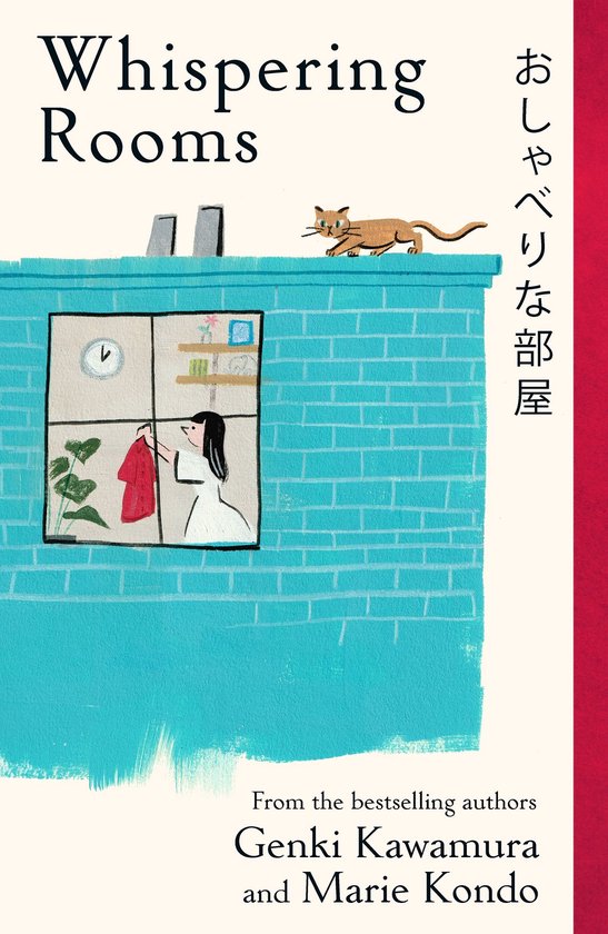 Boekomslag: illustratie van een vrouw bij een raam in een blauwe muur met een kat bovenop, titel Whispering Rooms.