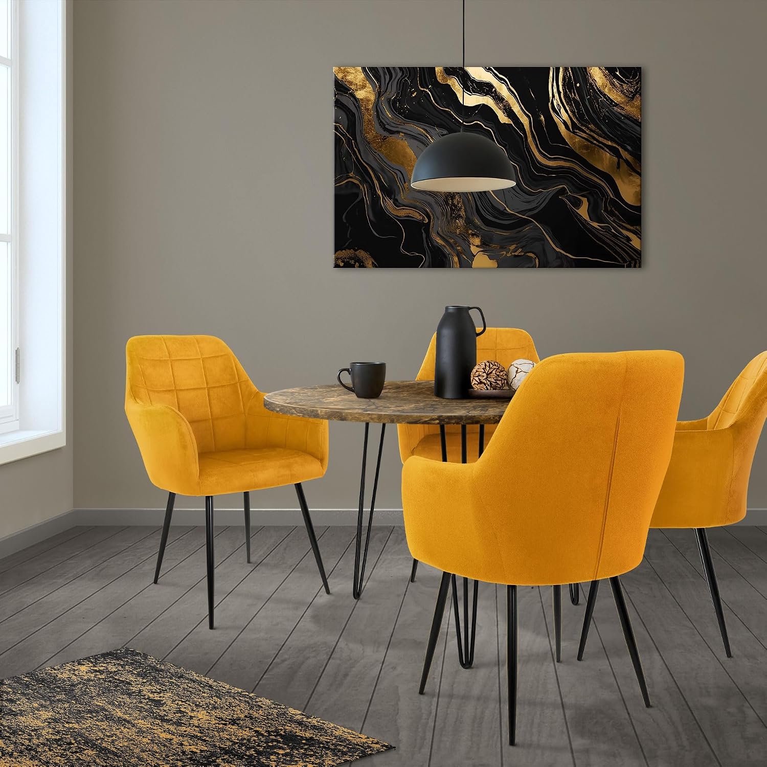 Set van 2 Luxe Okergele Eetkamerstoelen met Fluwelen Bekleding, Ergonomische Rugleuning, Armleuningen en Metalen Poten, Retro Design