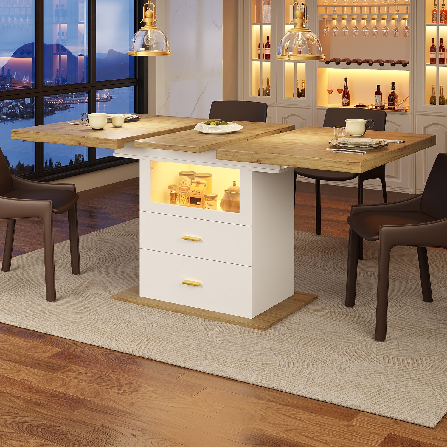 Clruro Eettafel - 110–140×80 cm - Uitschuifbaar - LED met App en Opbergruimte - MDF - Wit