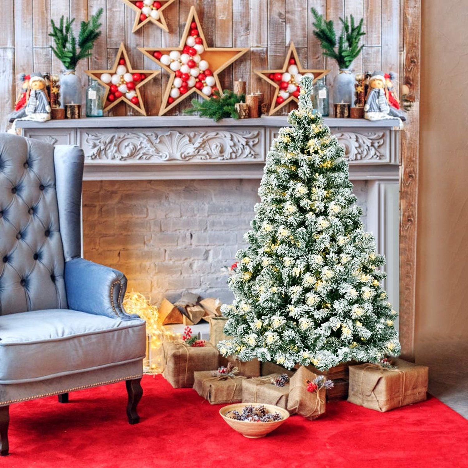 KOMFOTTEU Kunstkerstboom met leds, warmwit - kunstdennenboom wit met sneeuw - decoratieve boom voor Kerstmis, pvc-naalden en metalen standaard (135 cm) – foto 4