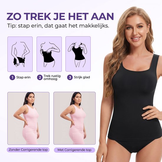 Instructies voor het aantrekken van de corrigerende top met voor- en na-foto's van een vrouw met en zonder top.