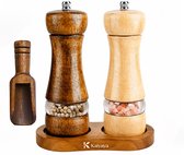 Kaiyaya - Peper en zoutmolen set 4-delig - Keramisch maalwerk & verstelbare maalgraad - Acacia hout, hervulbaar - Met houder en lepel - Keuken, koken, diner - Bruin & licht hout, 16,5 cm