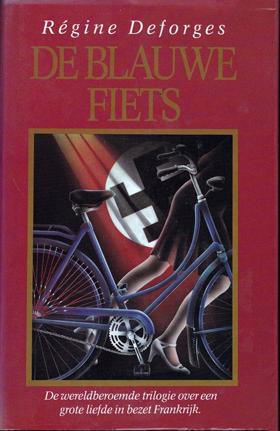 Boekomslag van De blauwe fiets met een blauwe fiets en een vrouwelijk silhouet tegen een rode achtergrond.