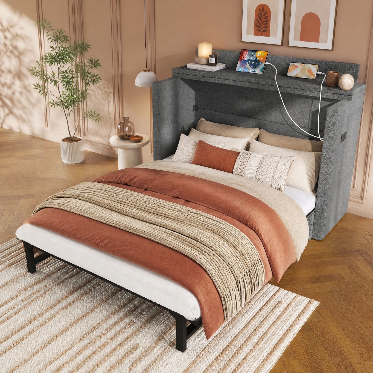 WUVRIE Opklapbed 140x200 cm - Met lade, opbergvak en USB- en Type-C-aansluitingen - Grijs
