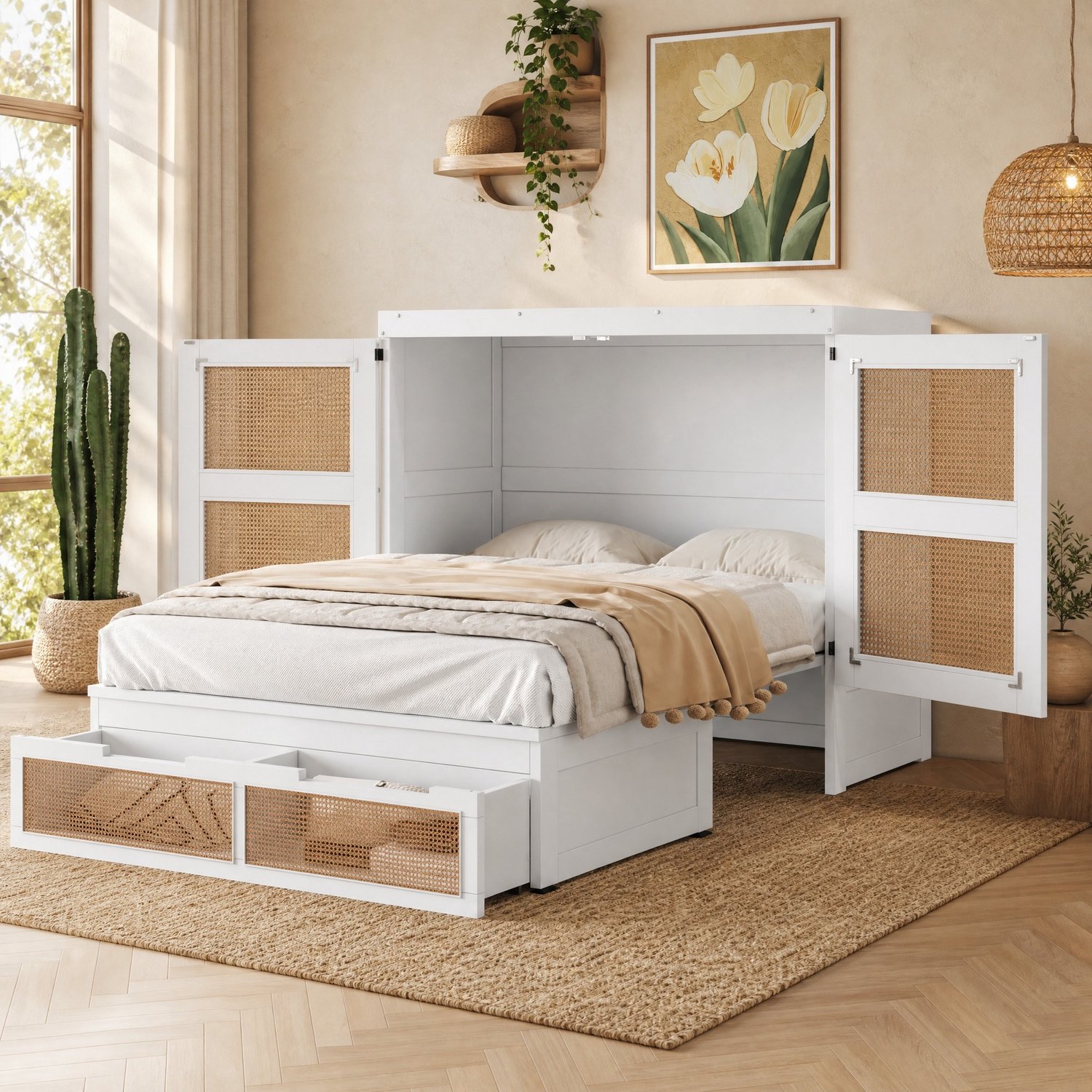 WUVRIE Opklapbed 140x200 cm - Met lattenbodem en opbergladen - Deuren met rotanlook - Wit