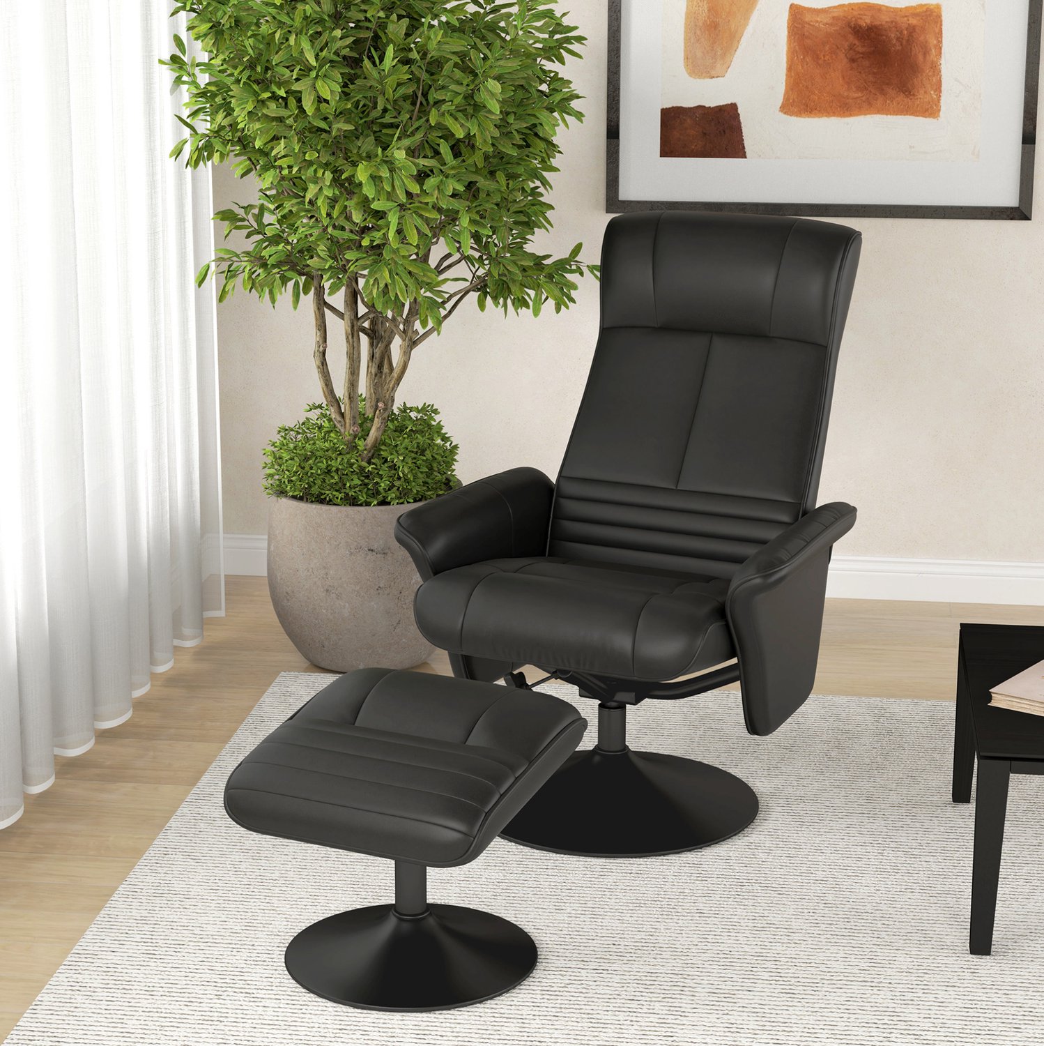 MIVRAY Relaxfauteuil 69 x 71 x 104 cm - Draaibaar met Verstelbare Rugleuning en Hocker - Voor Woonkamer en Slaapkamer - Polyester - Zwart