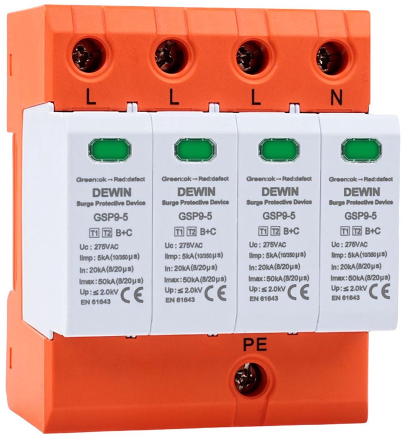 275V 4P 20k~50kA Overspanningsbeveiliging type 1+type 2, overspanningsbeveiliging DIN-rail Surge Protector voor bliksembeveiliging (T1+T2, B+C)