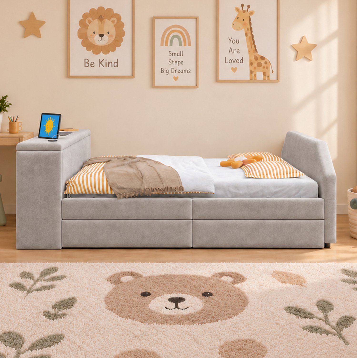 STILVORA Gestoffeerd Kinderbed 90x200 cm – Met Bureau en USB Aansluiting – Uitschuifbaar Logeerbed – Fluweelstof – Grijs – Zonder Matras