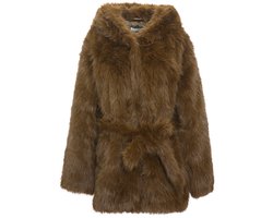 Dames Faux Fur Jas met Capuchon - Zachte Halflange Imitatiebont Winterjas met Ceintuur - One Size - Bruin