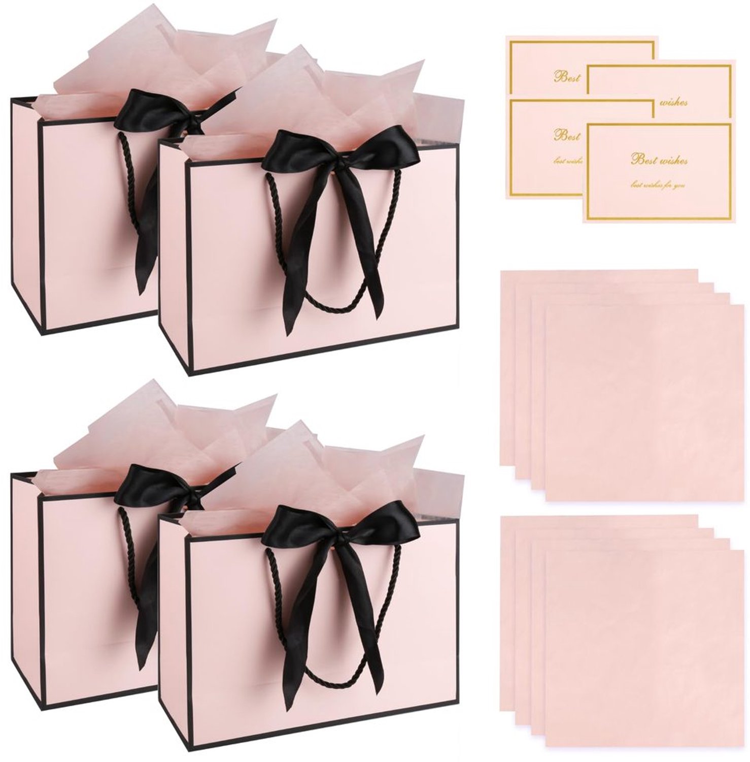 Set van 4 Cadeauzakjes met Linten en Wenskaarten