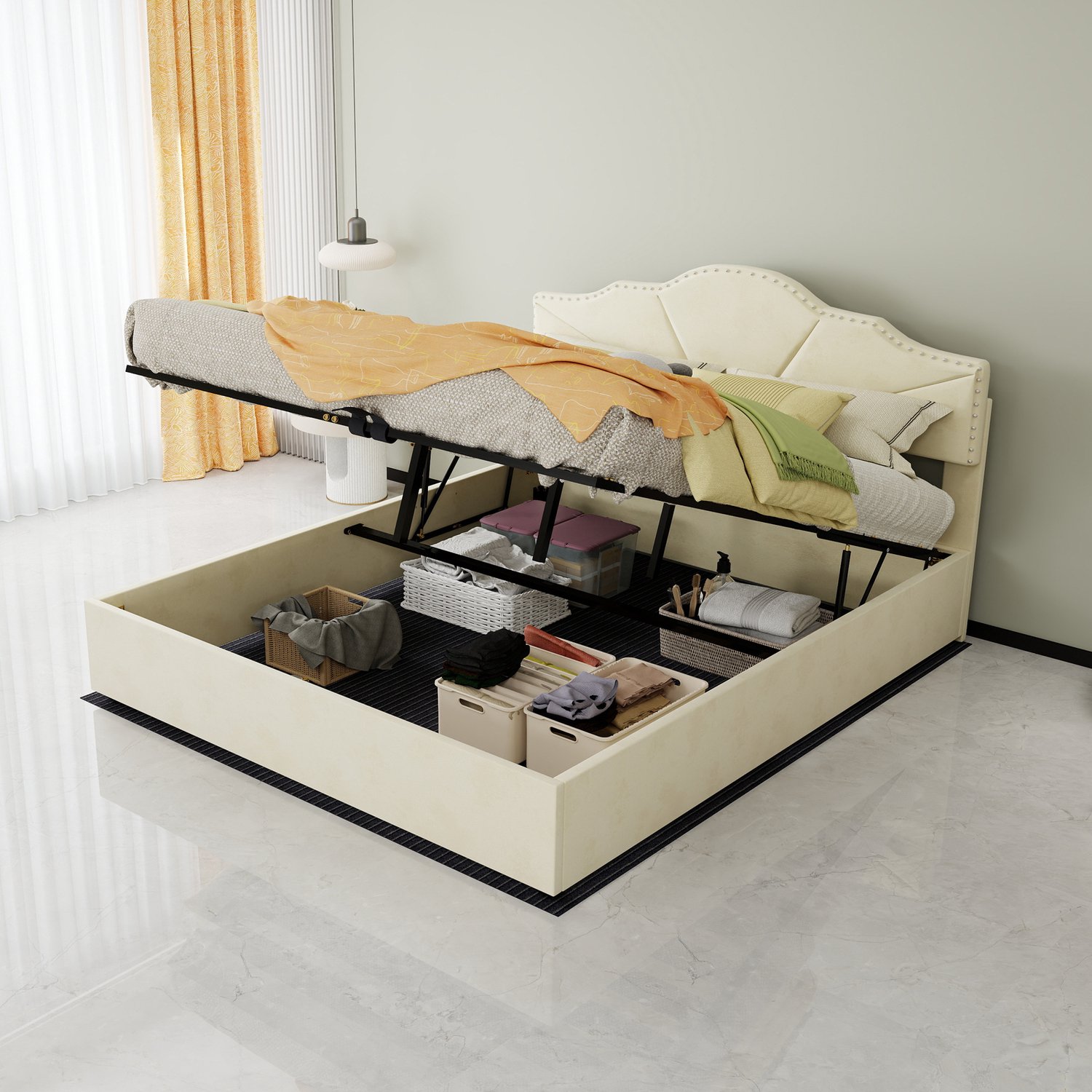 WUVRIE Gestoffeerd bed 160x200 cm - Met opbergruimte, lattenbodem en siernagels - Beige