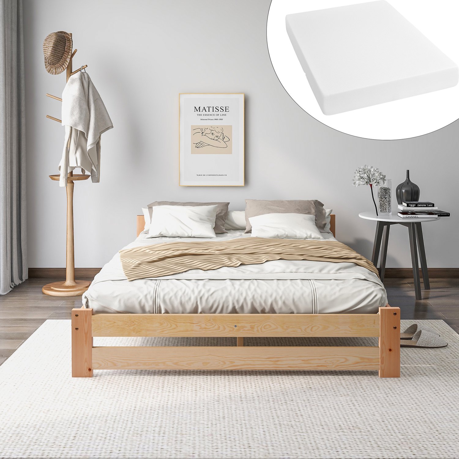 WUVRIE Tweepersoonsbed 140x200 cm - Grenen met hoofdeinde en lattenbodem - Inclusief matras - Naturel