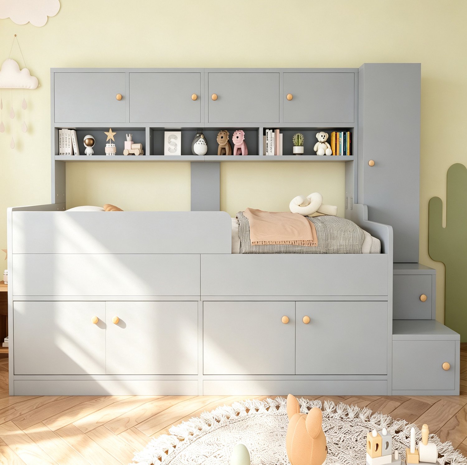 Wishdor Kinderhoogslaper 90x200 cm - Met opbergkasten onder het bed en in de trap - Met kledingkast en legplanken - Met veiligheidshek en LED-verlichting - Voor de kinderkamer - Grijs