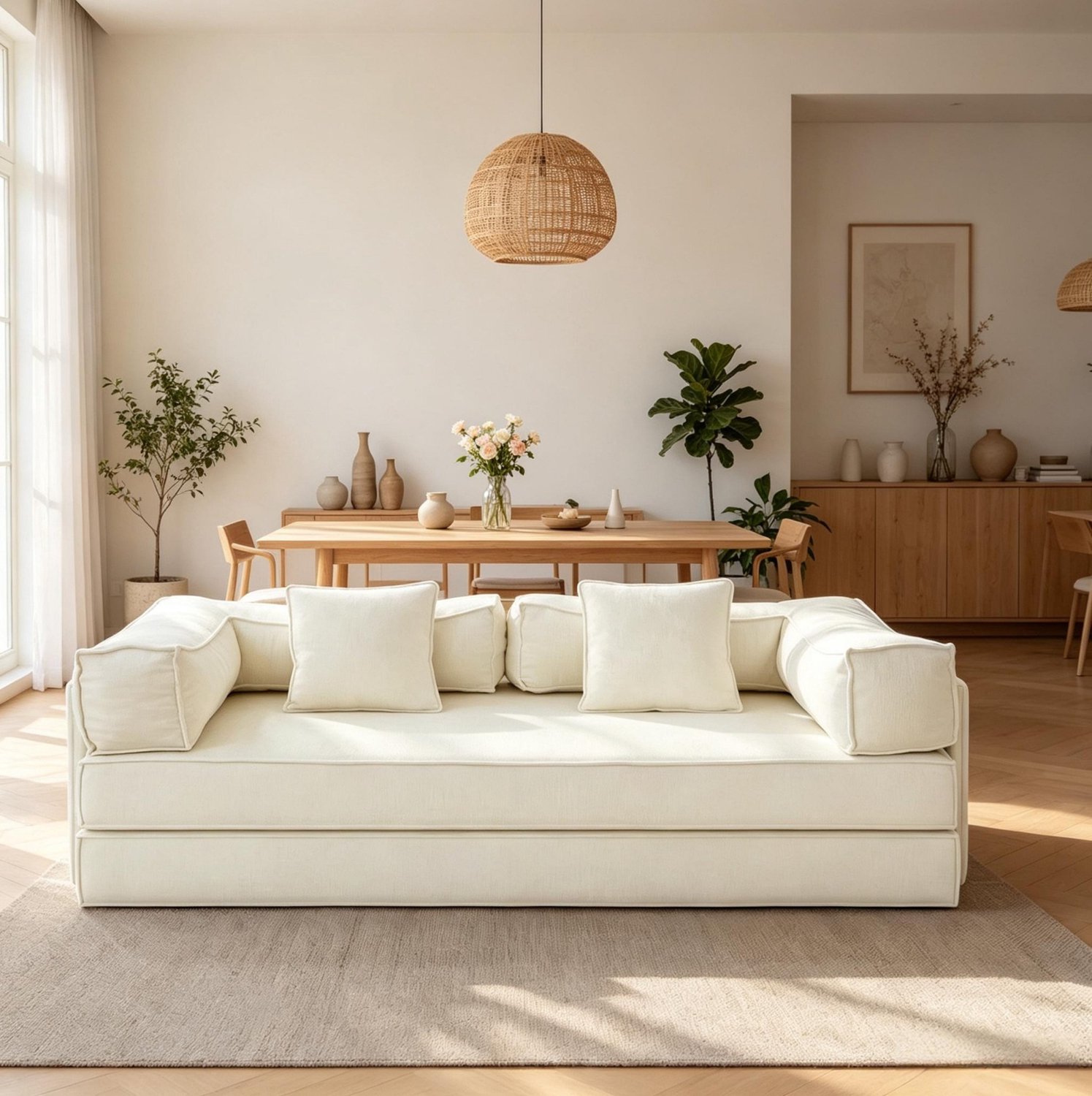 MIVRAY Slaapbank 207 x 106 x 68 cm - Modulaire 3-Zits met Afneembare Hoes - Voor Woonkamer en Logeerkamer - Chenille - Beige