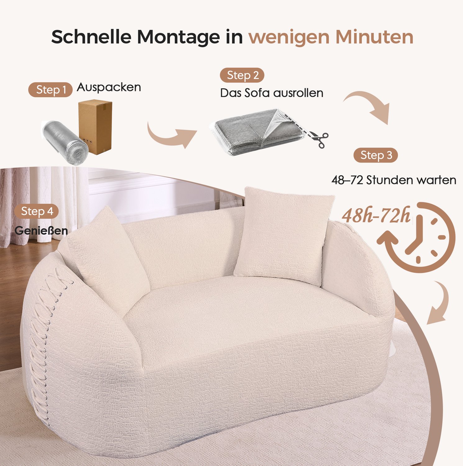 MIVRAY Zitbank 155 x 90 x 67 cm - Gebogen Tweezitsbank met Sierkussens en Sierveters - Voor Woonkamer en Appartement - Chenille - Crèmewit