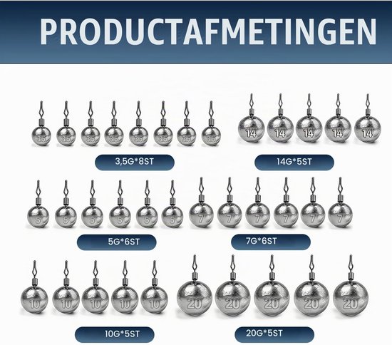 Set van 35 Drop Shot loodgewichten voor hengelen, 6 maten van 3,5 tot 20 g, ideaal voor zoetwater, zeevissen en riviervissen — afbeelding 5