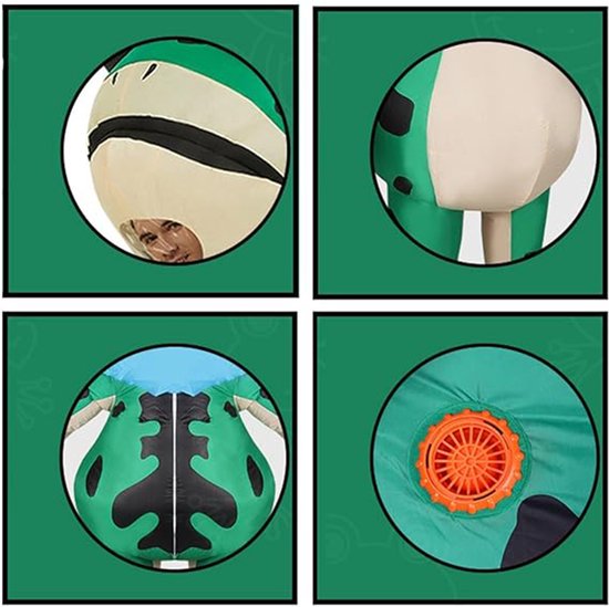 Close-ups van het opblaasbare kikkerkostuum: masker, rug, ritssluiting en de ventilator.