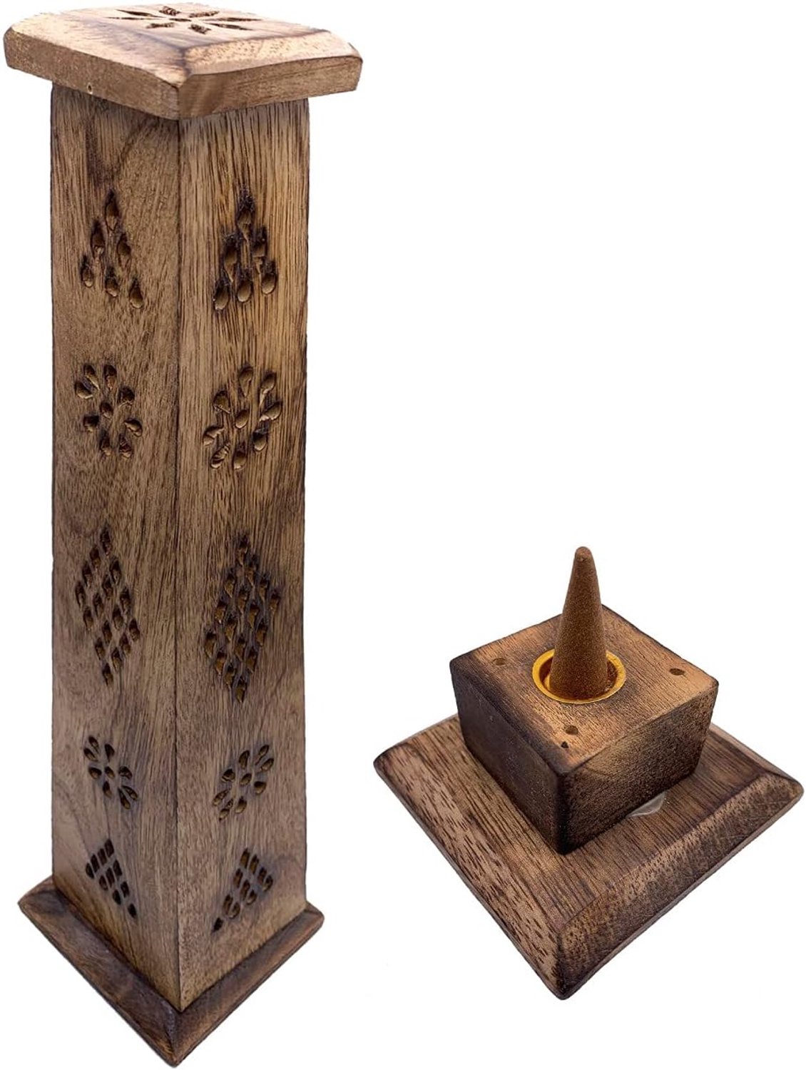 Incense burner (censer) Wooden tower Hand carved in India - Exclusive and unique design. 30x8x8cm - ShopVlot