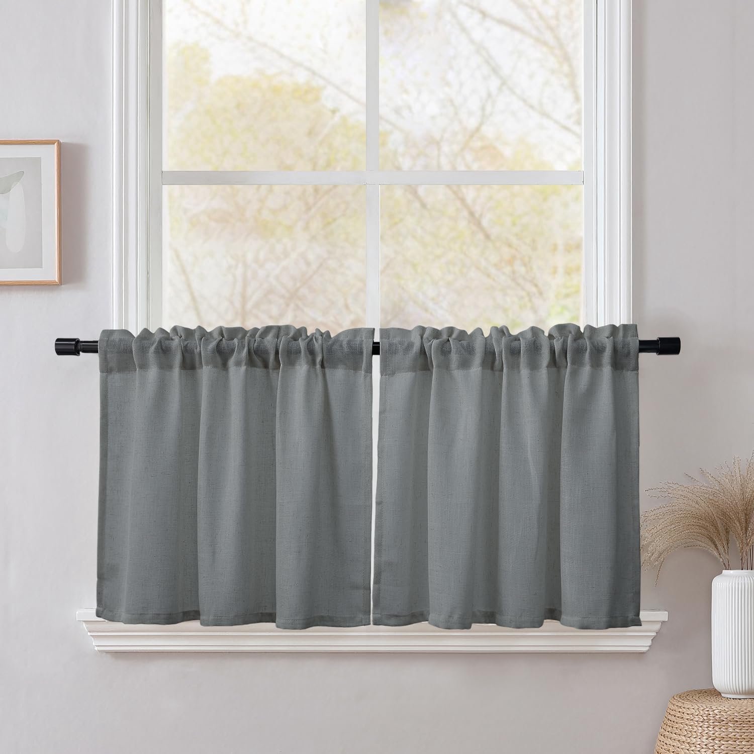CUCRAF Sheer Curtains, Semi-Transparent, Bistro Curtain, Linen Kitchen Curtains, Privacy Window Curtain for Kitchen, Country House, Living Room, Set o