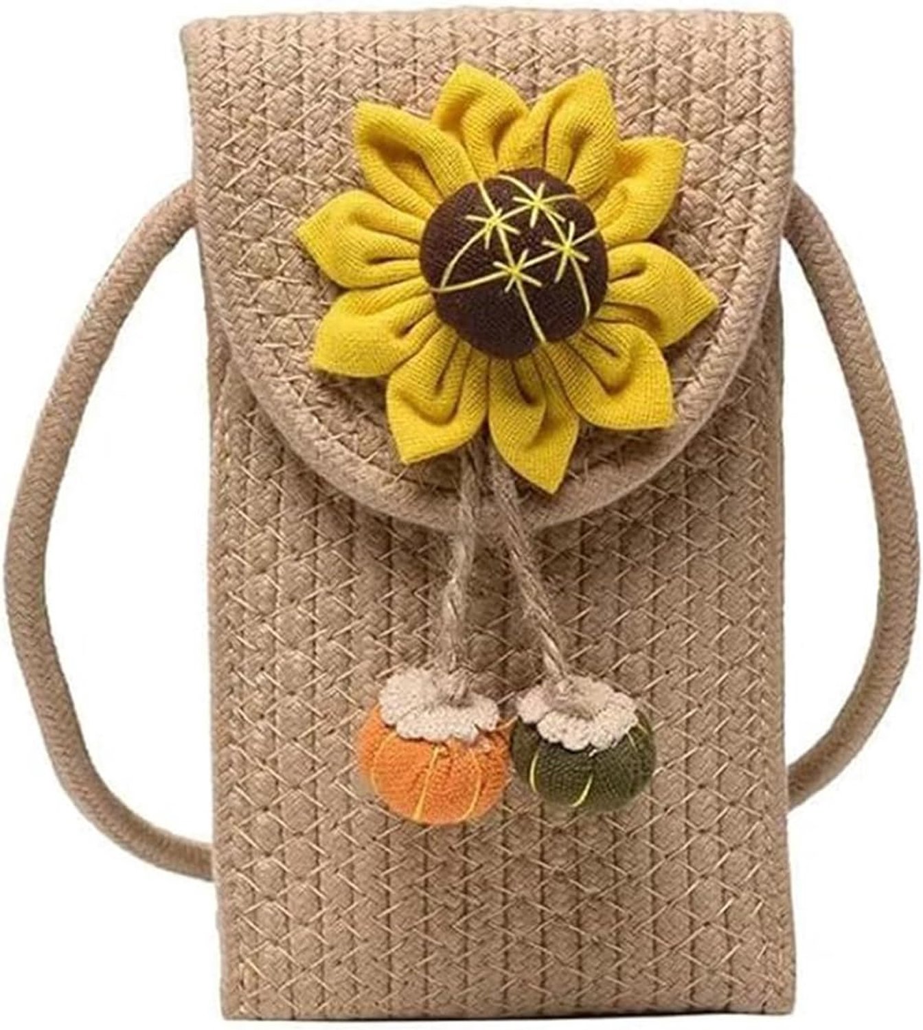 Small Phone Bag for Women Hanging Mobile Phone Bag with Purse for Hanging Mini Crossbody Woven Flower Bag (Khaki) - ShopVlot