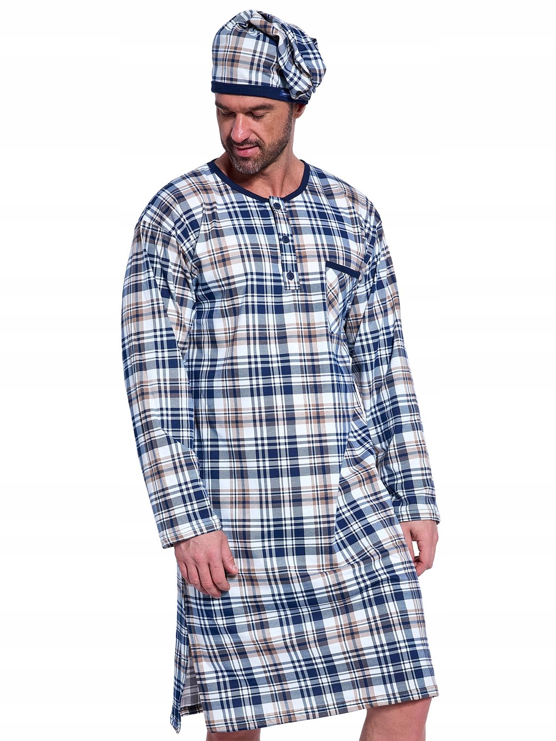 Cornette Heren Nachthemd XXL Katoen Geruit Beige Blauw