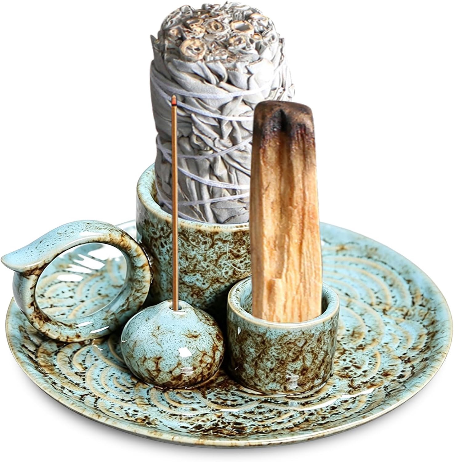 Wierookbrander 12,7 x 12,7 x 5,5 cm - keramisch - met asschaal en kaarshouder - perfect voor meditatie - Homevero