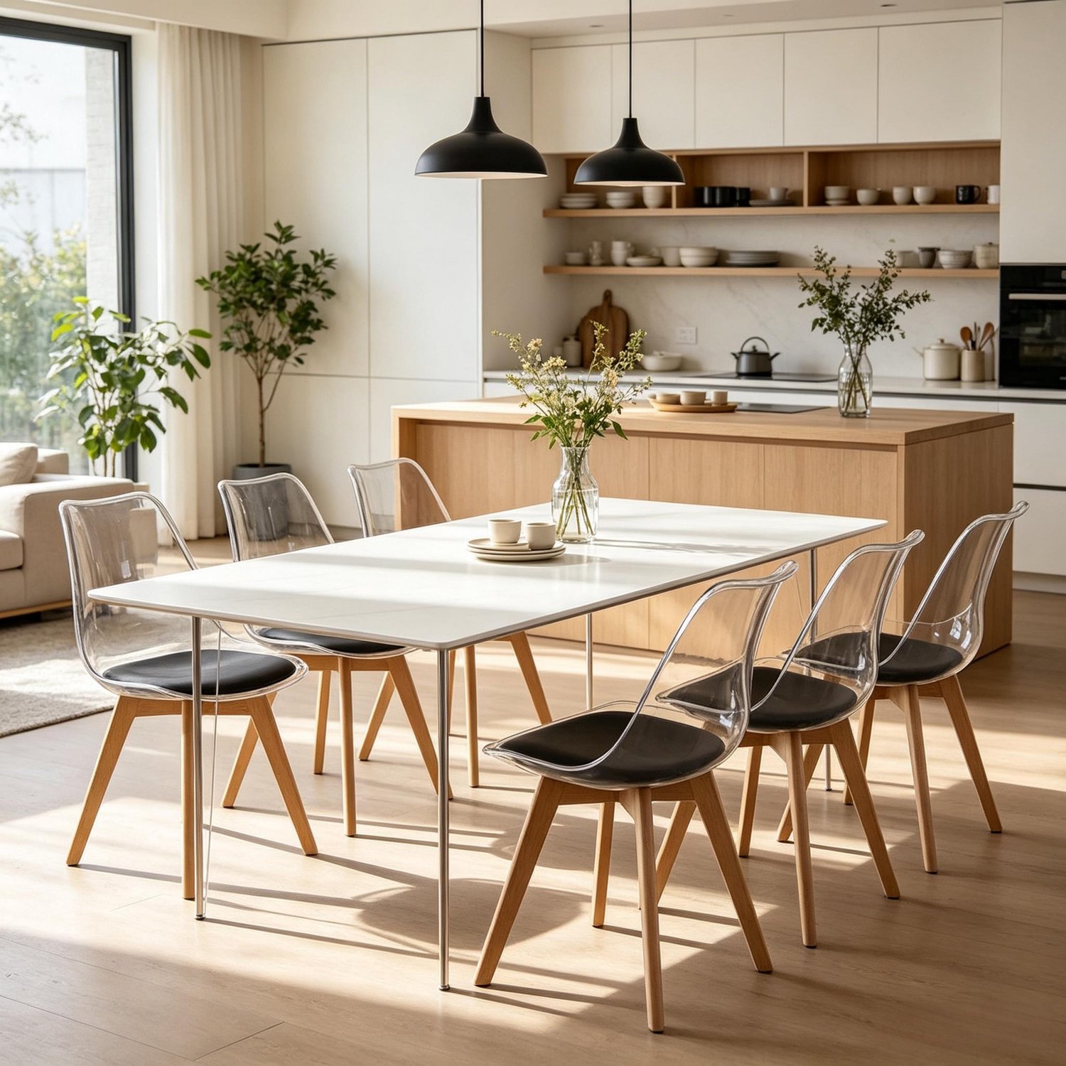 SONNENH Eetkamerstoelen set van 6 met transparante kuip en houten poten - Zwart zitkussen Transparant en zwart