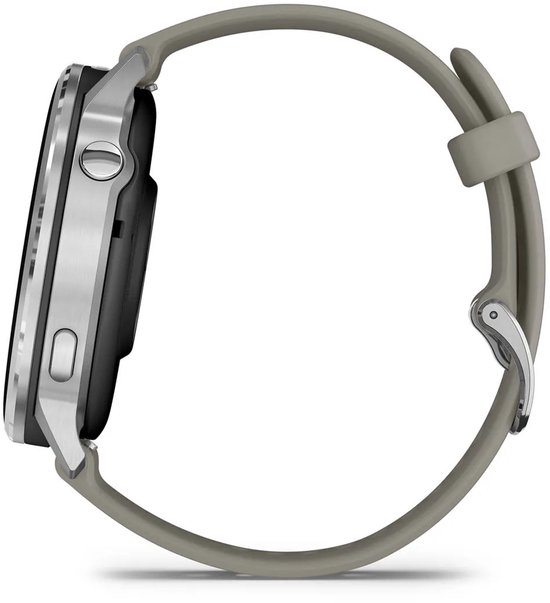 Zijaanzicht van zilverkleurige smartwatch met grijze band, metalen behuizing en fysieke knoppen.