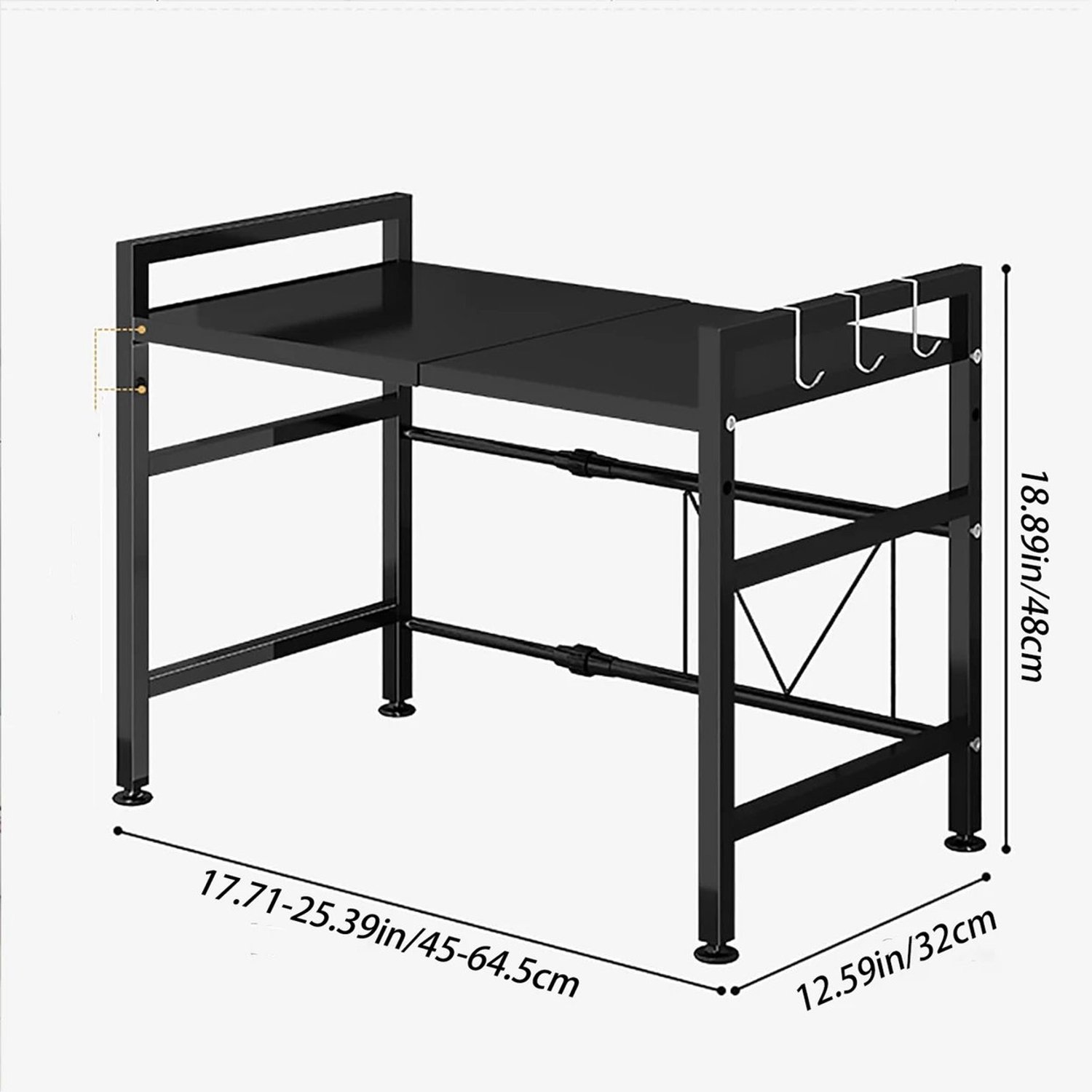Keukenrek Magnetron Ovenrek met 2 Niveaus en Haakjes - Zwart Metalen Frame met Verstelbare Voetjes